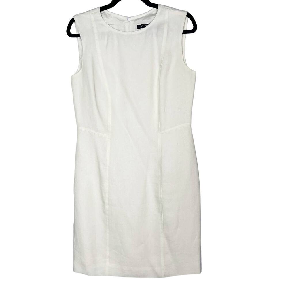 Louben Size 6 White Linen Sleeveless Sheath Dress Zip Back Summer Spring Crew